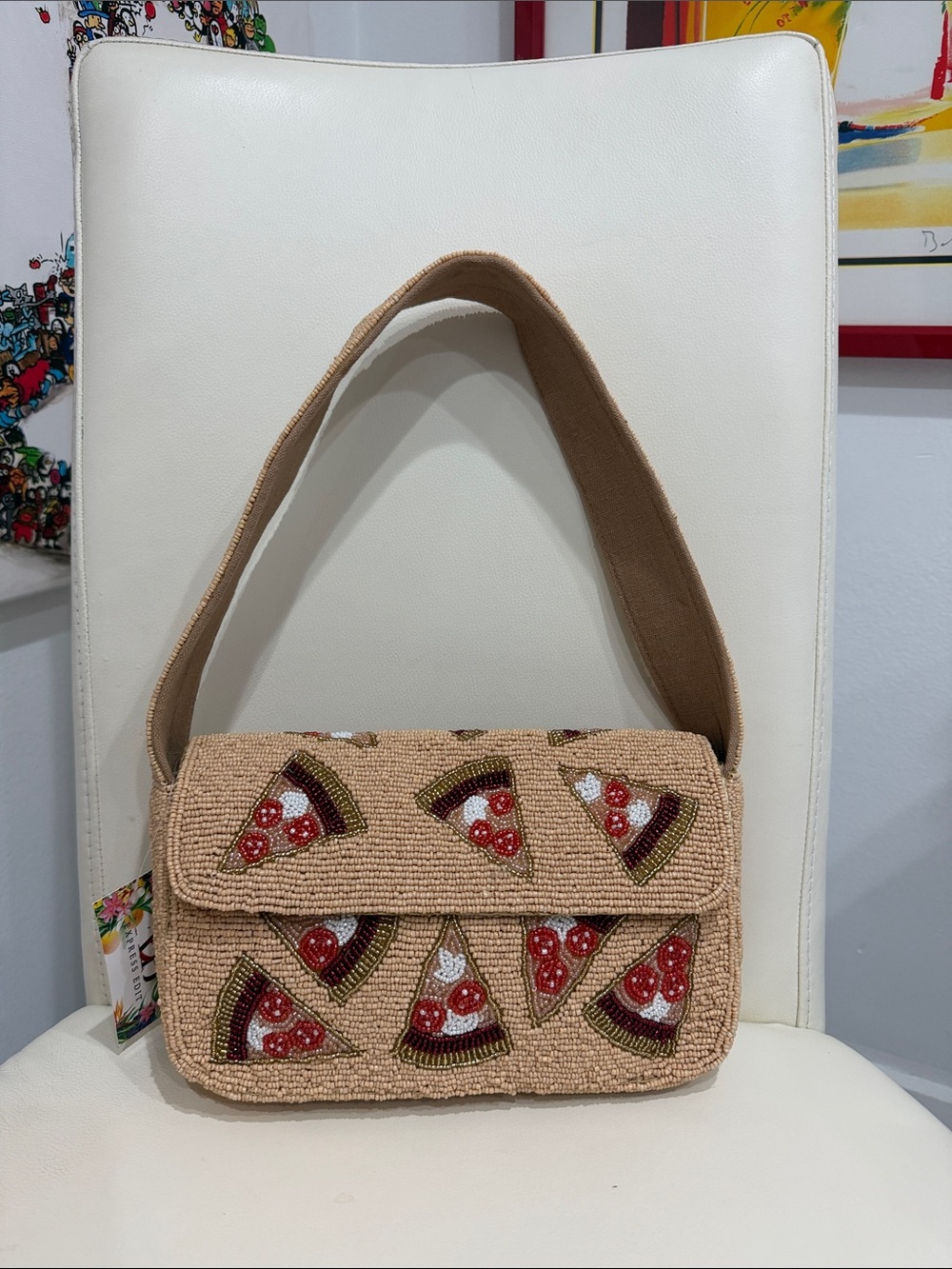 America & Beyond Beaded Pizza Slice Shoulder Bag in Tan